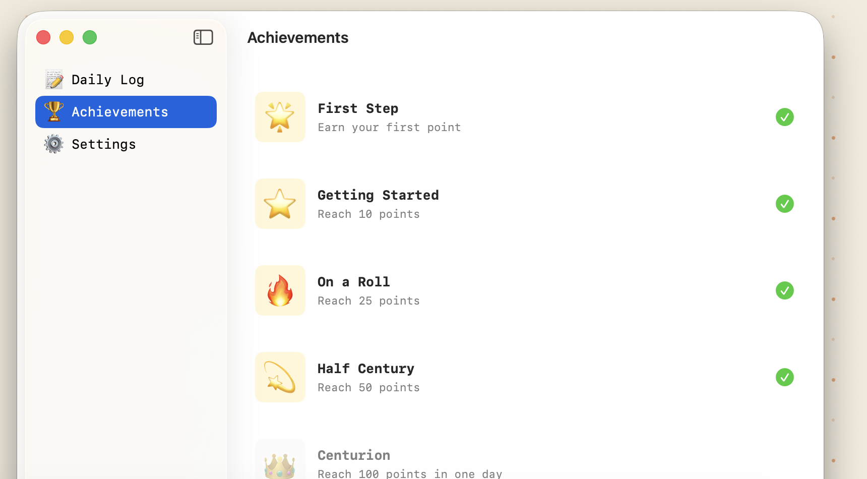 Pling Achievements window showing unlocked milestones: First Step, Getting Started, On a Roll and Half Century