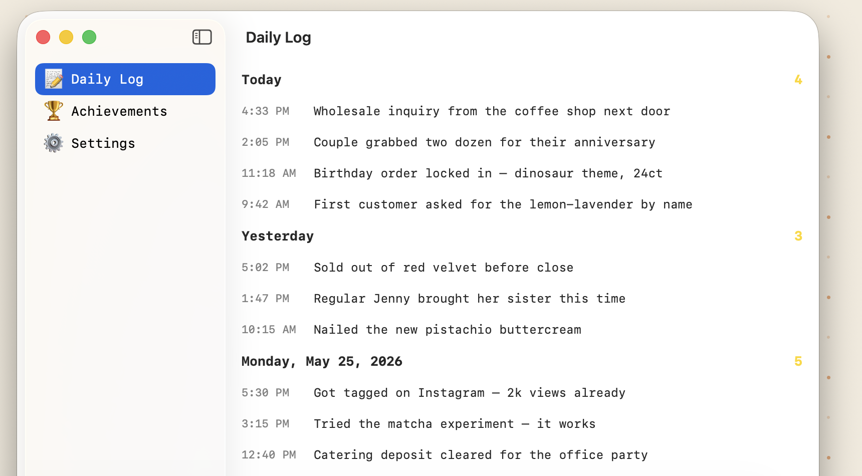 Pling Daily Log window listing timestamped entries grouped under Today, Yesterday and Monday, with daily totals