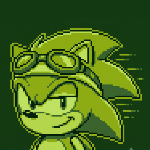 Pixel art portrait of a smug hedgehog with goggles and speed lines trailing off its quills