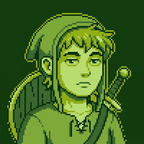 Pixel art portrait of a quiet young adventurer in a hood, with a sword hilt visible over one shoulder